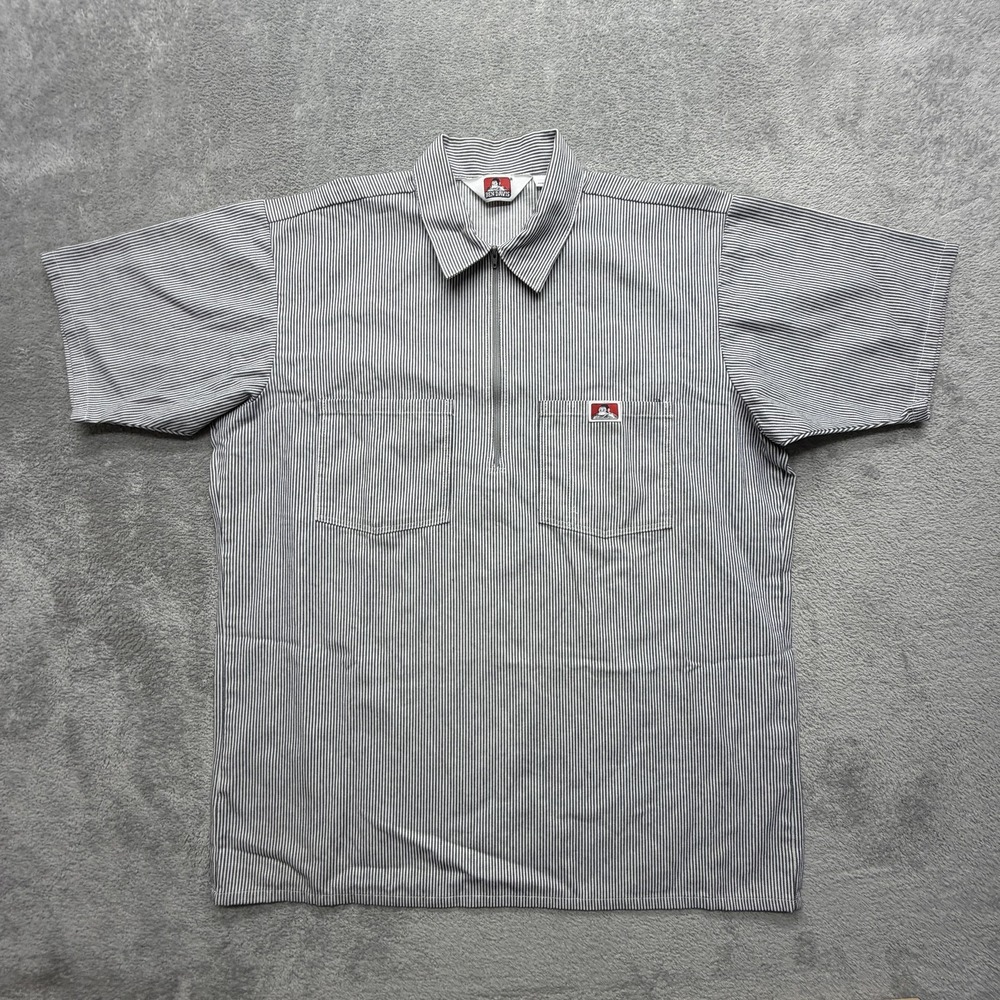 Ben Davis Shirt Mens L Blue Striped Twill Zip Front Short Sleeve Workwear